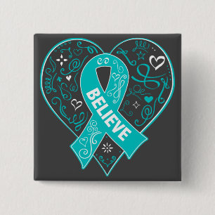 Ovarian Cancer Believe Ribbon Heart 15 Cm Square Badge