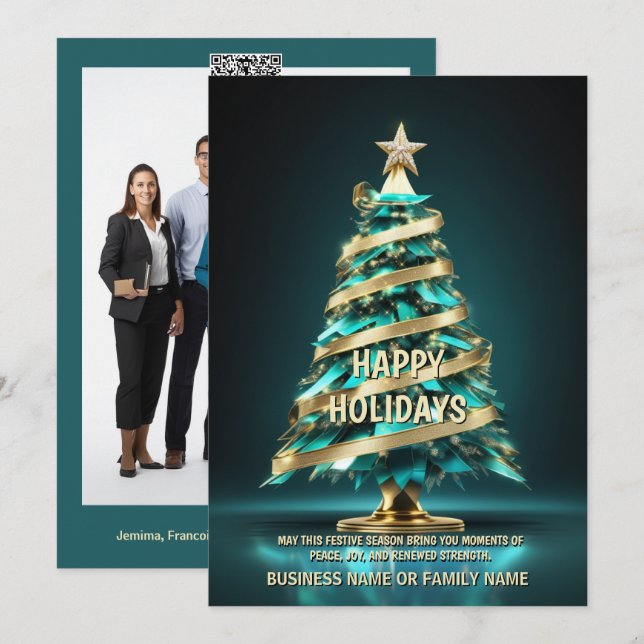 Ovarian cancer Christmas tree teal ribbon oncology Holiday Card (Front/Back)