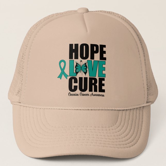 Ovarian Cancer Hope Love Cure Trucker Hat (Front)