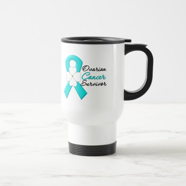 Ovarian Cancer Survivor Flower Ribbon Travel Mug (Right)