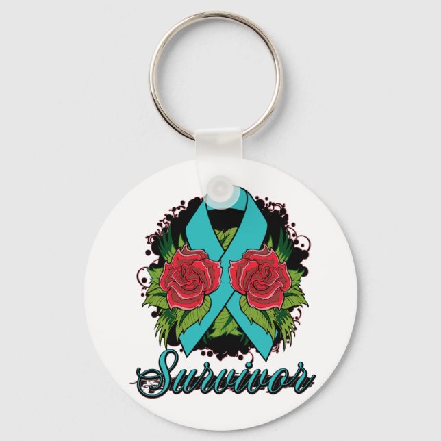 Ovarian Cancer Survivor Rose Tattoo Key Ring (Front)