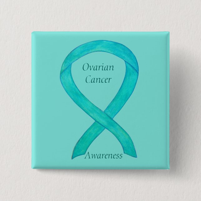 Ovarian Cancer Teal Awareness Ribbon Custom Pin (Front)