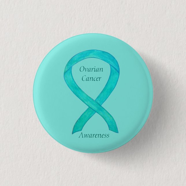 Ovarian Cancer Teal Awareness Ribbon Custom Pin (Front)