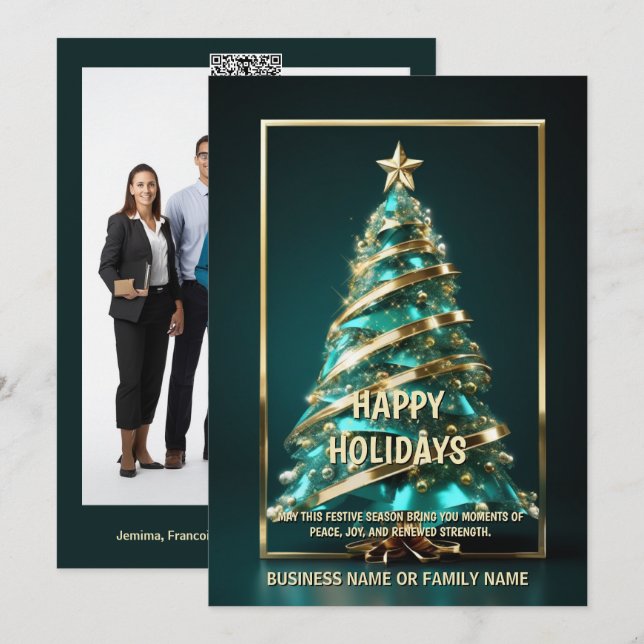 Ovarian cancer teal Christmas tree DIY message  Holiday Card (Front/Back)