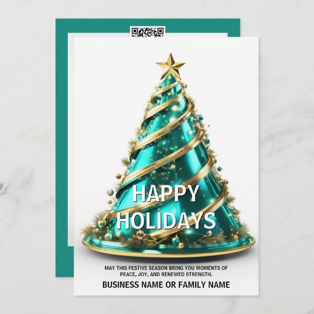 Ovarian cancer teal Christmas tree modern elegant Holiday Card (Front/Back)