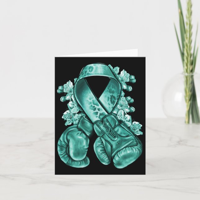 Ovarian Cancer Teal Ribbon With Boxing Gloves Awar Card (Front)