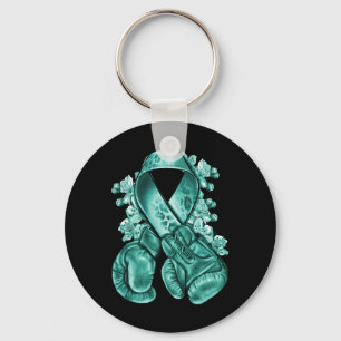 Ovarian Cancer Teal Ribbon With Boxing Gloves Awar Key Ring