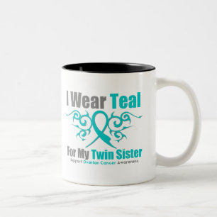 Ovarian Cancer Teal Tribal Ribbon Twin Sister Two-Tone Coffee Mug