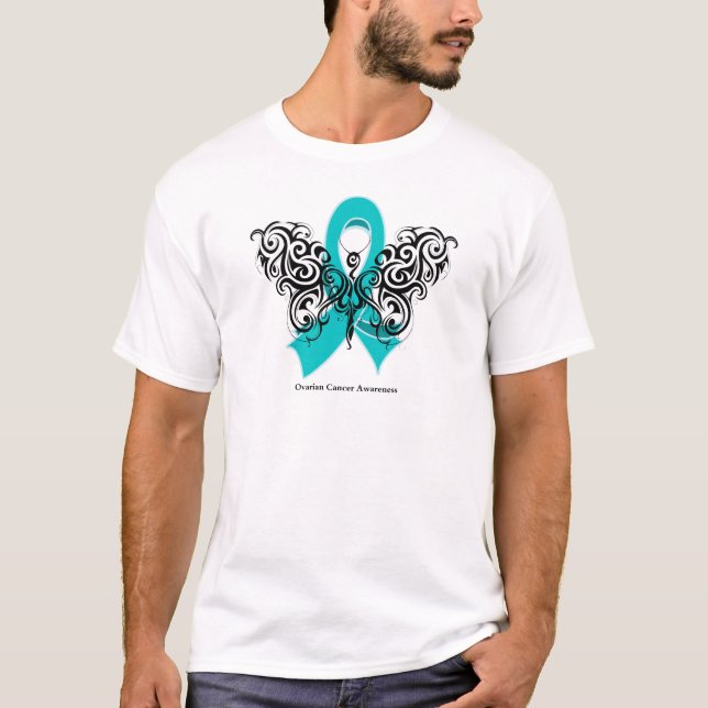 Ovarian Cancer Tribal Butterfly Ribbon T-Shirt (Front)