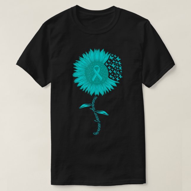 Ovarian Cancer Warrior Awareness Sunflower Teal ri T-Shirt (Design Front)