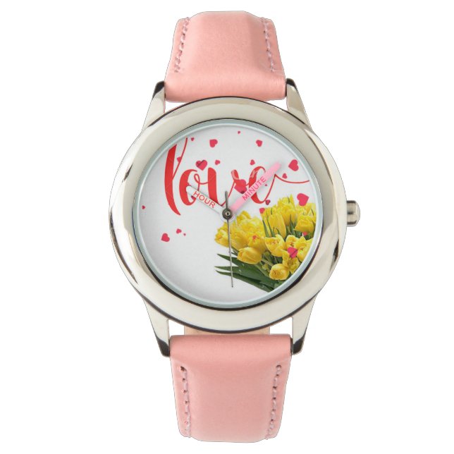 ove in Bloom – Elegant Floral Watch with Pink Band (Front)