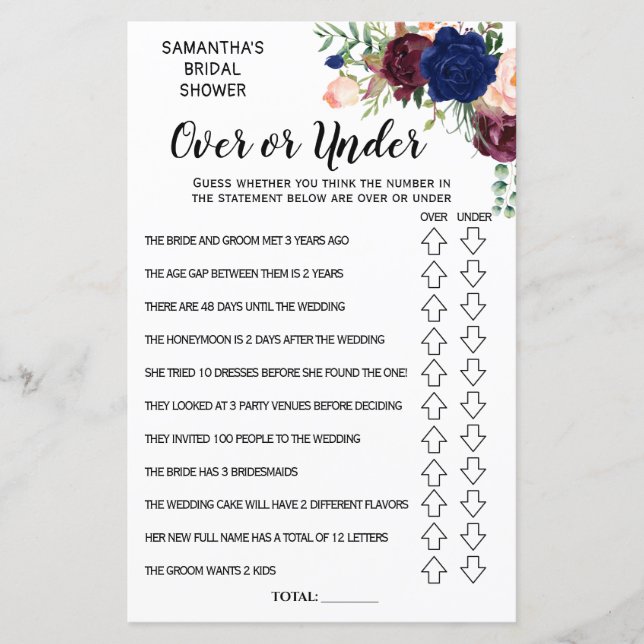 Ove or Under bridal shower spanish english game (Front)
