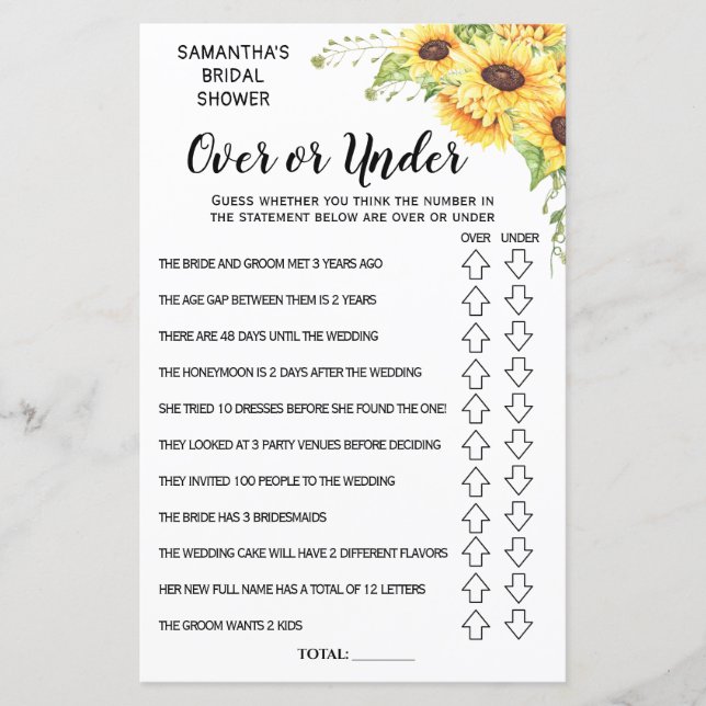 Ove or Under bridal shower spanish english game (Front)