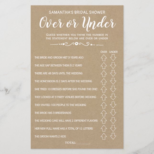 Ove or Under bridal shower spanish english game (Front)
