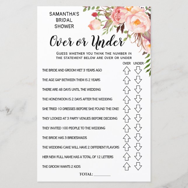 Ove or Under bridal shower spanish english game (Front)