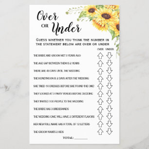 Ove or Under Sunflowers Bridal Shower game card