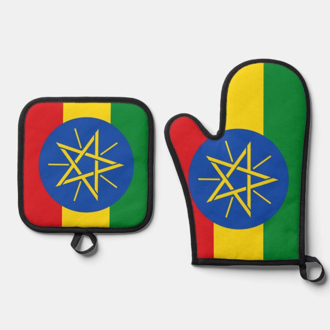 Oven Mitt and Pot Holders, Ethiopia flag Oven Mitt & Pot Holder Set (Front)