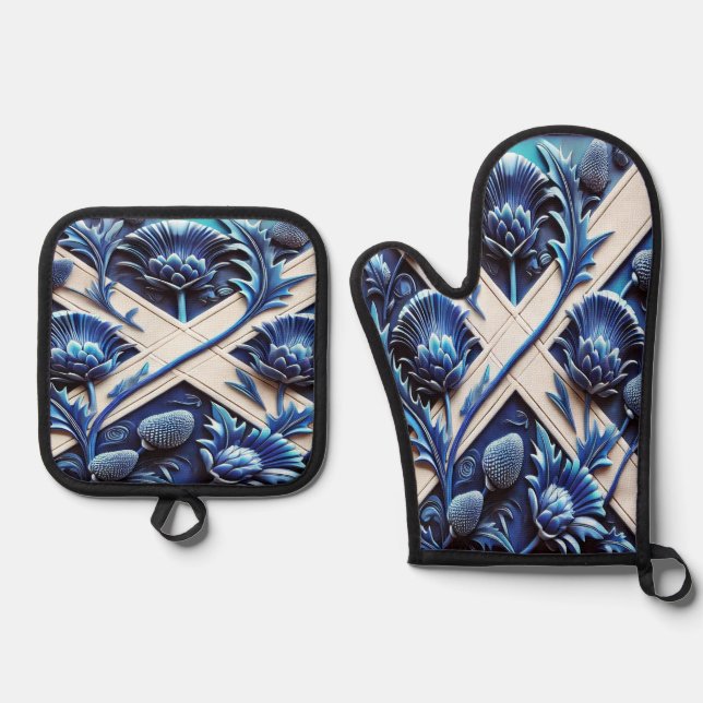 Oven Mitt and Pot Holders, Scottish Thistles Oven Mitt & Pot Holder Set (Front)