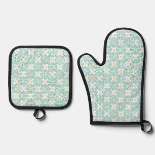 Oven Mitt and Pot Holders Teal & Gold Arabesque Ki Holder Set