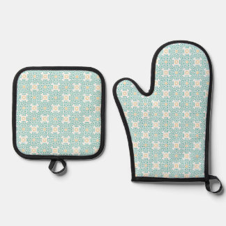 Oven Mitt and Pot Holders Teal & Gold Arabesque Ki Holder Set