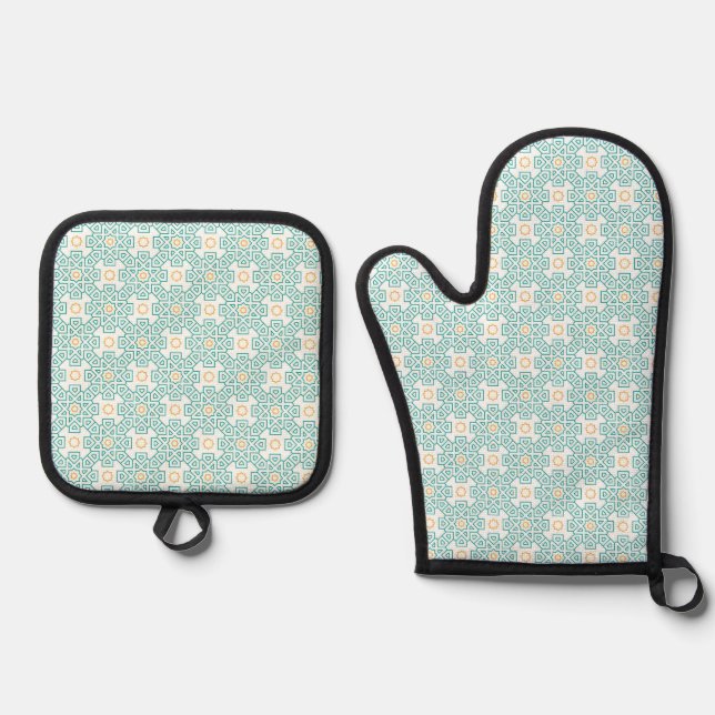 Oven Mitt and Pot Holders Teal & Gold Arabesque Ki Holder Set (Front)