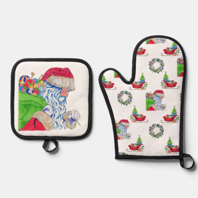 Oven Mitt and Potholder Holiday Santa Oven Mitt & Pot Holder Set (Front)