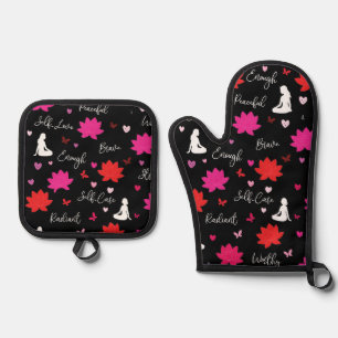 Oven Mitt & Pot Holder Set Lotus Flower Self-Care 