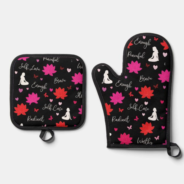 Oven Mitt & Pot Holder Set Lotus Flower Self-Care  (Front)