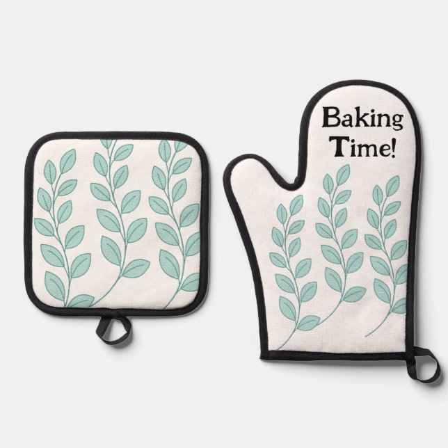 Oven Mitt & Pot Holders  Green Leaves Baking Time Holder Set (Front)