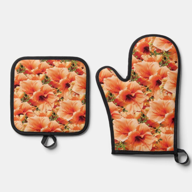 Oven Mitt & Pot Holders Orange Floral  Holder Set (Front)
