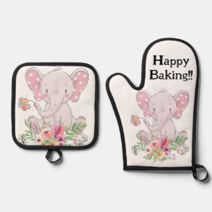 Oven Mitt & Pot Holders Pink Elephant Oven Mitt & Pot Holder Set