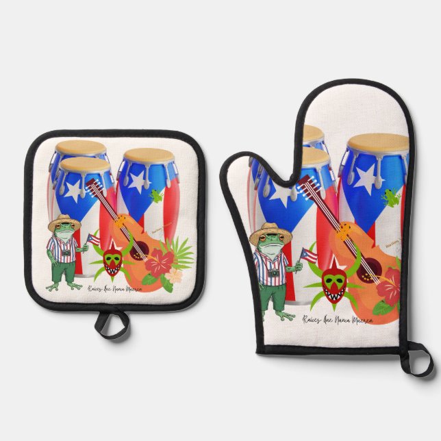 Oven Mitt & Pot Holders Puerto Rican Kitchen Set (Front)