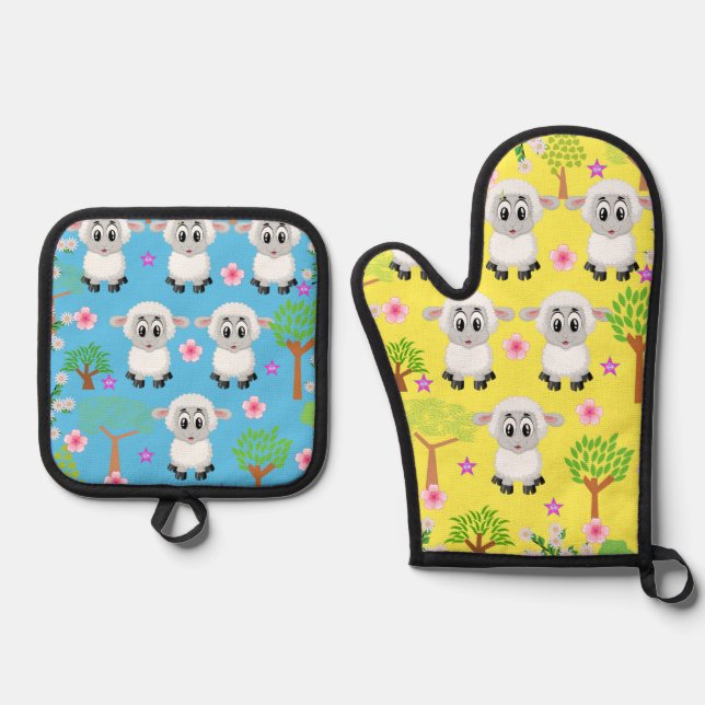 Oven Mitt & Pot Holders Sheep Blue & Yellow Holder Set (Front)