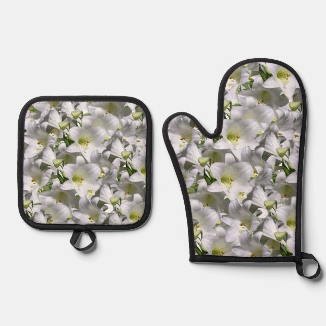 Oven Mitt & Pot Holders White Floral  Holder Set (Front)