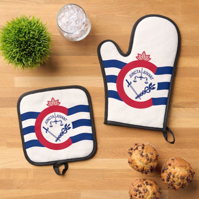 Oven Mitt, Pot Holders with flag of Cincinnati, US Oven Mitt & Pot Holder Set (Top Down)