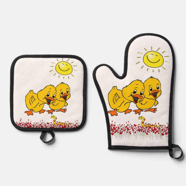 Oven Mitt & Pot Holders Yellow Chicks Sun Floral  Holder Set (Front)