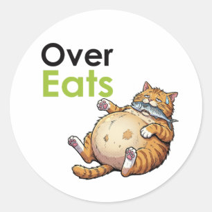 Over Eats - Funny Fat Cat Eating Fish Cartoon Classic Round Sticker