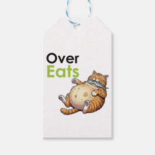 Over Eats - Funny Fat Cat Eating Fish Cartoon Gift Tags