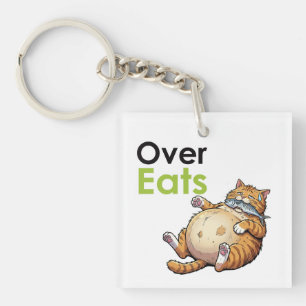 Over Eats - Funny Fat Cat Eating Fish Cartoon Key Ring