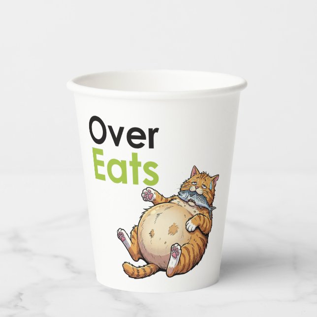 Over Eats - Funny Fat Cat Eating Fish Cartoon Paper Cups (Front)