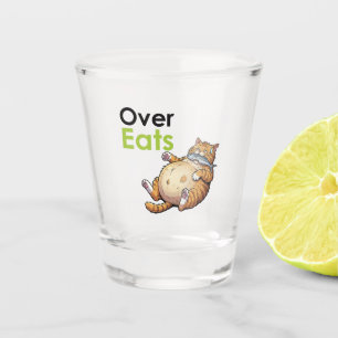 Over Eats - Funny Fat Cat Eating Fish Cartoon Shot Glass