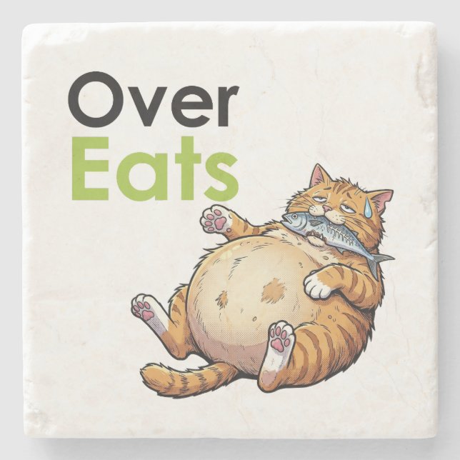 Over Eats - Funny Fat Cat Eating Fish Cartoon Stone Coaster (Front)