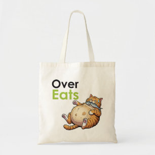 Over Eats - Funny Fat Cat Eating Fish Cartoon Tote Bag