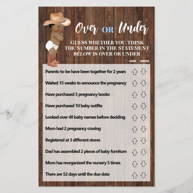 Over or Under AA Cowboy Baby Shower Game Card (Front)
