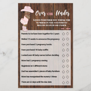 Over or Under AA Cowgirl Baby Shower Game Card
