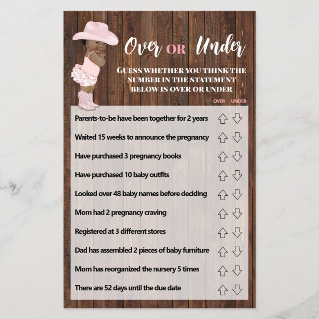 Over or Under AA Cowgirl Baby Shower Game Card (Front)
