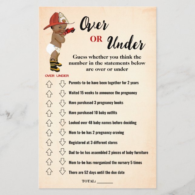 Over or Under AA Firefighter Baby Shower Game Card (Front)