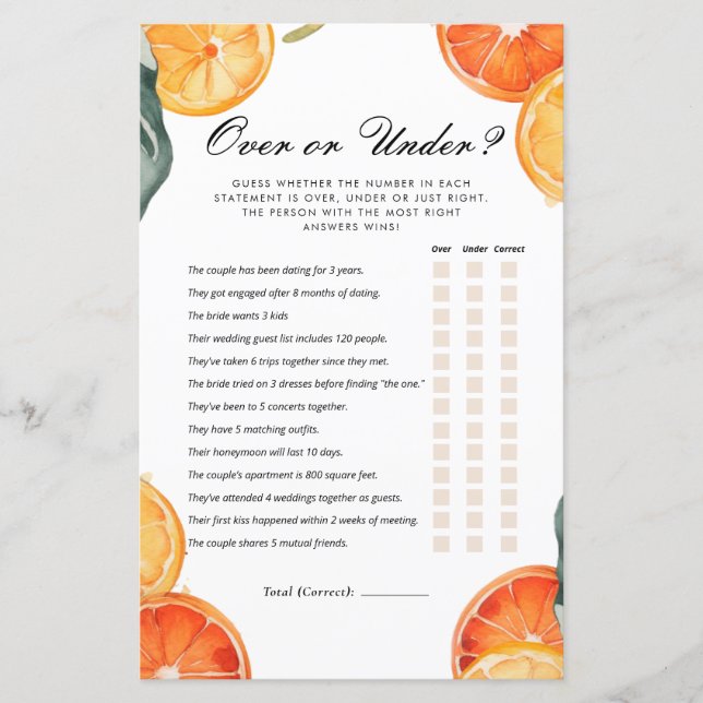 Over or Under Aperol Spritz Bridal Shower Game (Front)