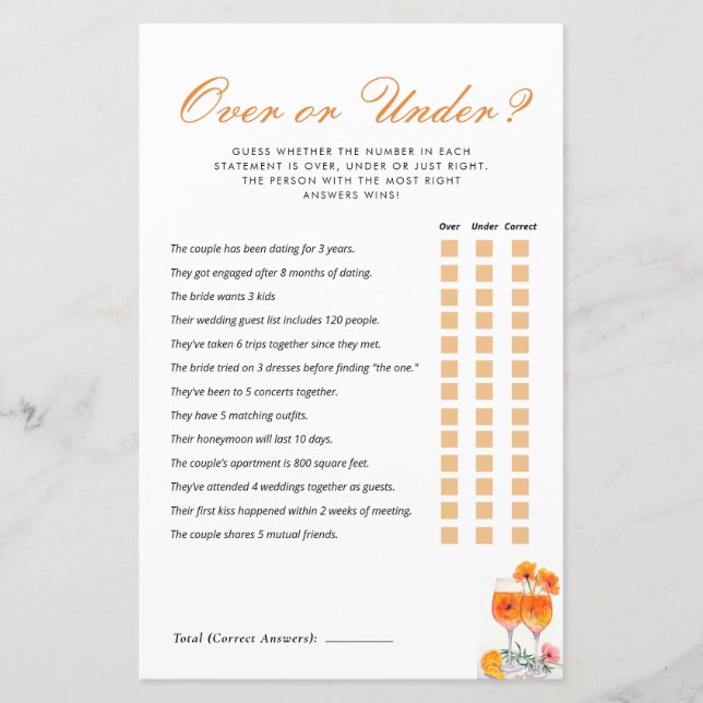 Over or Under Aperol Spritz Bridal Shower Game (Front)