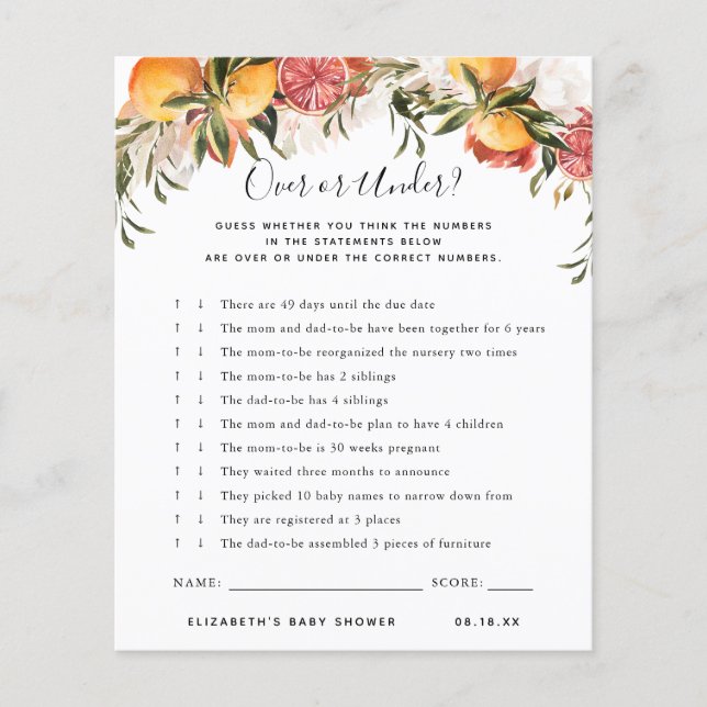 Over or Under | Baby Shower Game (Front)